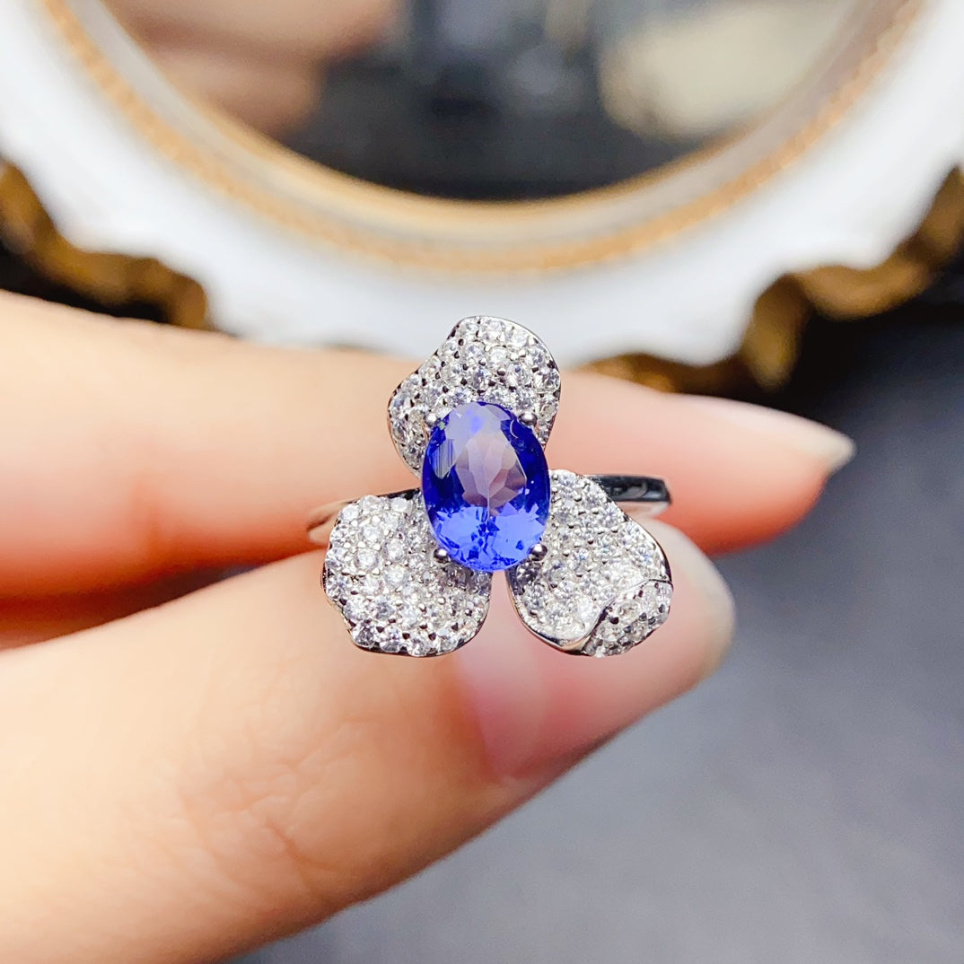 Natural Tanzanite Ring, Floral Design, High Clarity & Vivid Color, Exquisite 925 Silver Setting, Center Stone 6×8mm – From Desk to Dinner