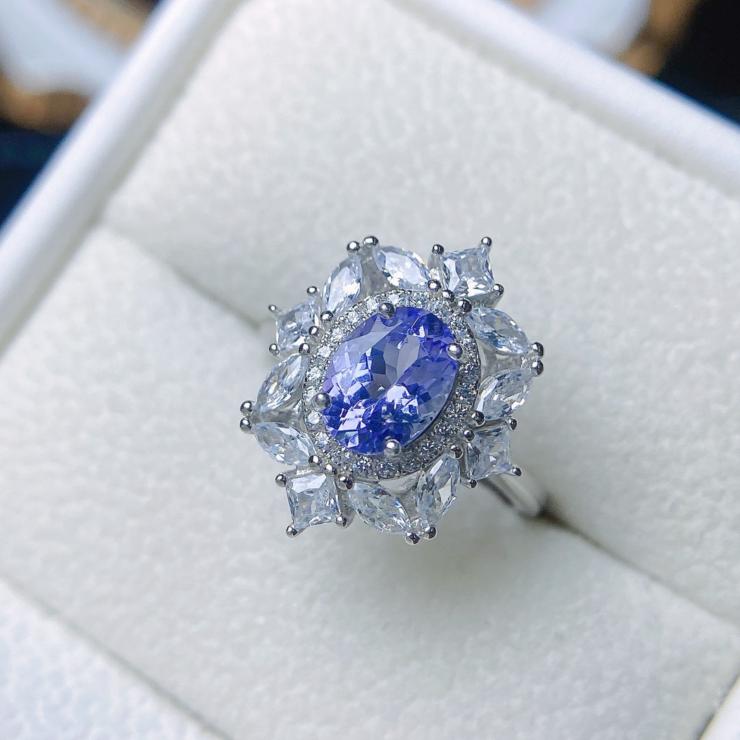 Natural Tanzanite Adjustable Ring, Flawless Crystal with Dazzling Fire, Exquisite 925 Silver Setting, Center Stone 6×8mm – Absolutely Stunning! (Adjustable Open Band)