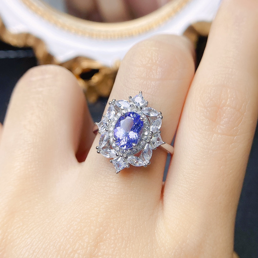 Natural Tanzanite Adjustable Ring, Flawless Crystal with Dazzling Fire, Exquisite 925 Silver Setting, Center Stone 6×8mm – Absolutely Stunning! (Adjustable Open Band)