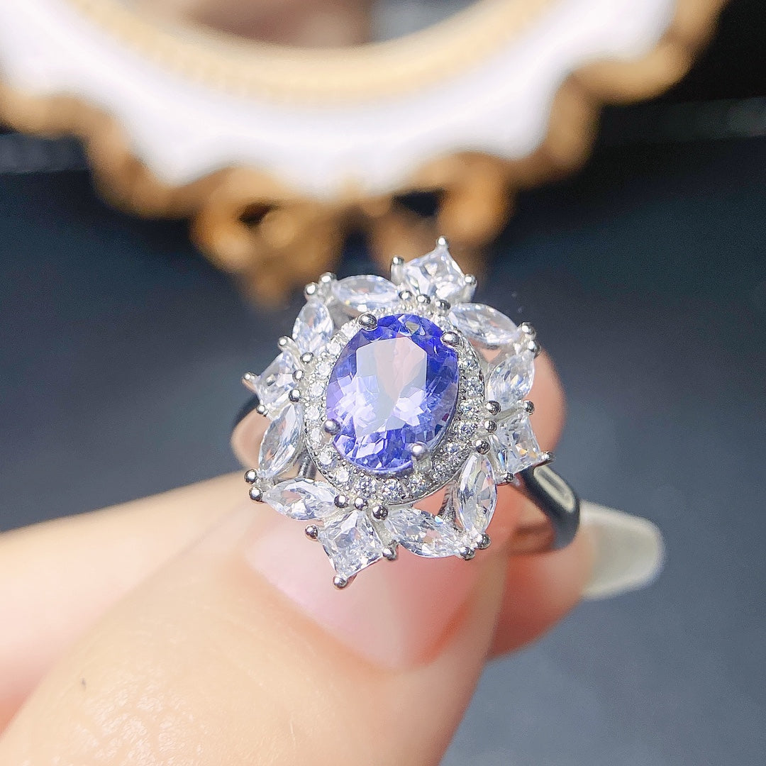 Natural Tanzanite Adjustable Ring, Flawless Crystal with Dazzling Fire, Exquisite 925 Silver Setting, Center Stone 6×8mm – Absolutely Stunning! (Adjustable Open Band)