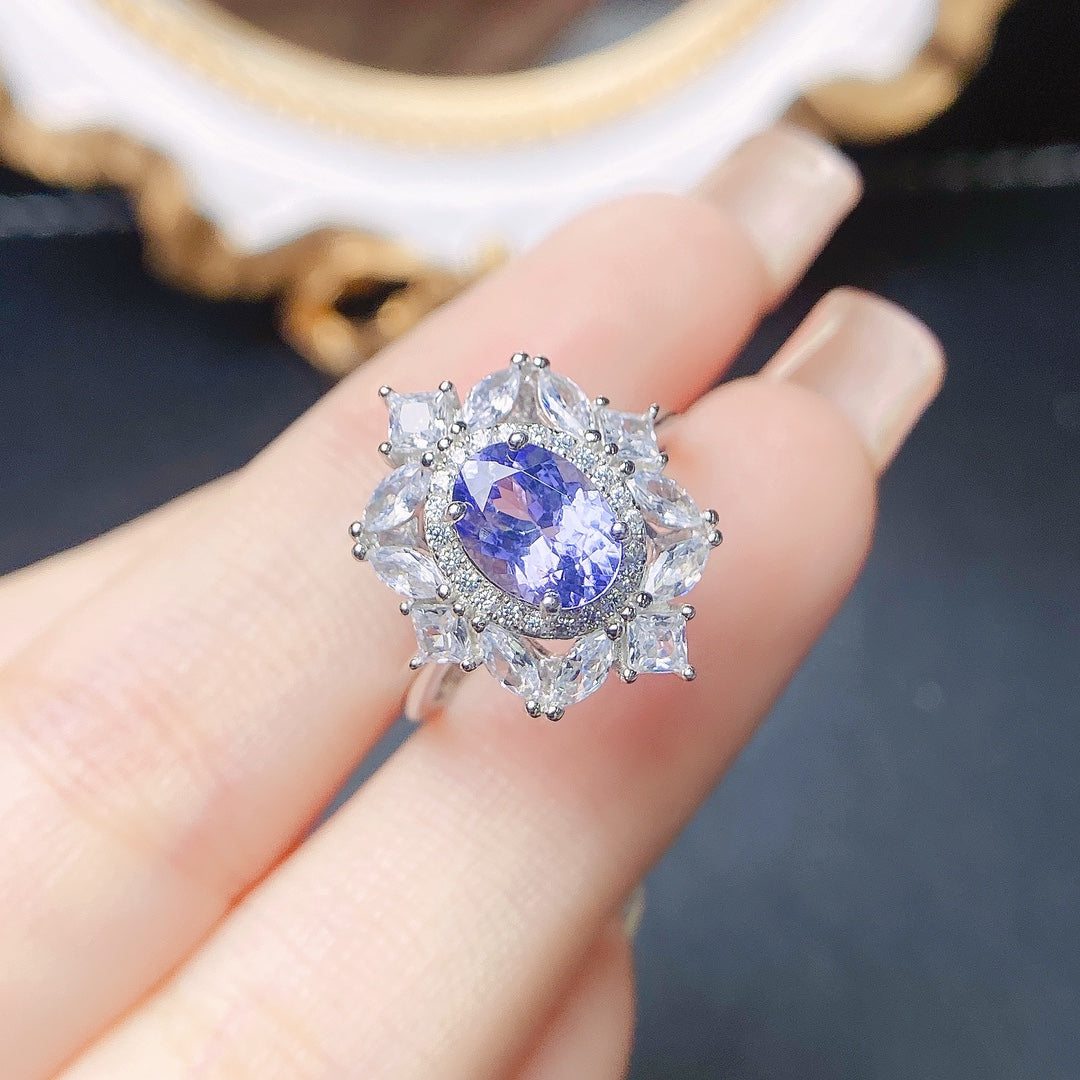Natural Tanzanite Adjustable Ring, Flawless Crystal with Dazzling Fire, Exquisite 925 Silver Setting, Center Stone 6×8mm – Absolutely Stunning! (Adjustable Open Band)