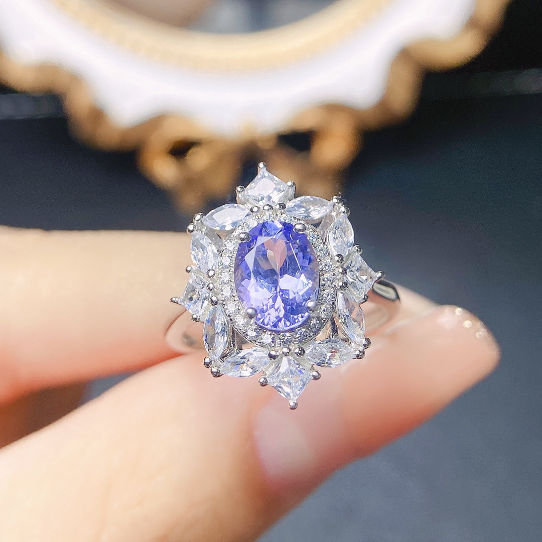 Natural Tanzanite Adjustable Ring, Flawless Crystal with Dazzling Fire, Exquisite 925 Silver Setting, Center Stone 6×8mm – Absolutely Stunning! (Adjustable Open Band)