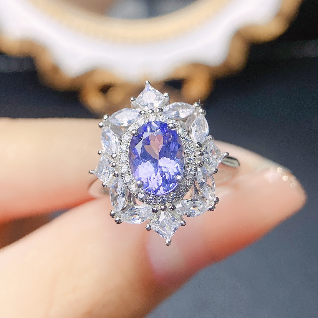 Natural Tanzanite Adjustable Ring, Flawless Crystal with Dazzling Fire, Exquisite 925 Silver Setting, Center Stone 6×8mm – Absolutely Stunning! (Adjustable Open Band)