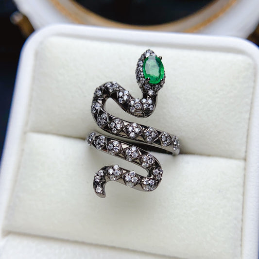 Natural Emerald Adjustable Ring, Serpent Design with Stunning Color, Exquisite 925 Silver Setting, Center Stone 4×6mm – Effortless Elegance Wraps Your Finger (Adjustable Open Band)