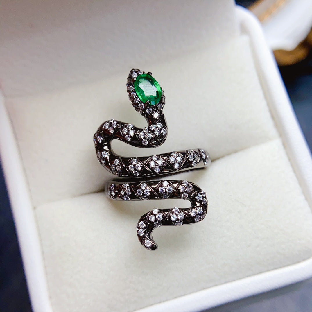 Natural Emerald Adjustable Ring, Serpent Design with Stunning Color, Exquisite 925 Silver Setting, Center Stone 4×6mm – Effortless Elegance Wraps Your Finger (Adjustable Open Band)