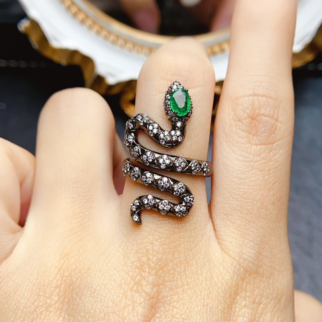 Natural Emerald Adjustable Ring, Serpent Design with Stunning Color, Exquisite 925 Silver Setting, Center Stone 4×6mm – Effortless Elegance Wraps Your Finger (Adjustable Open Band)
