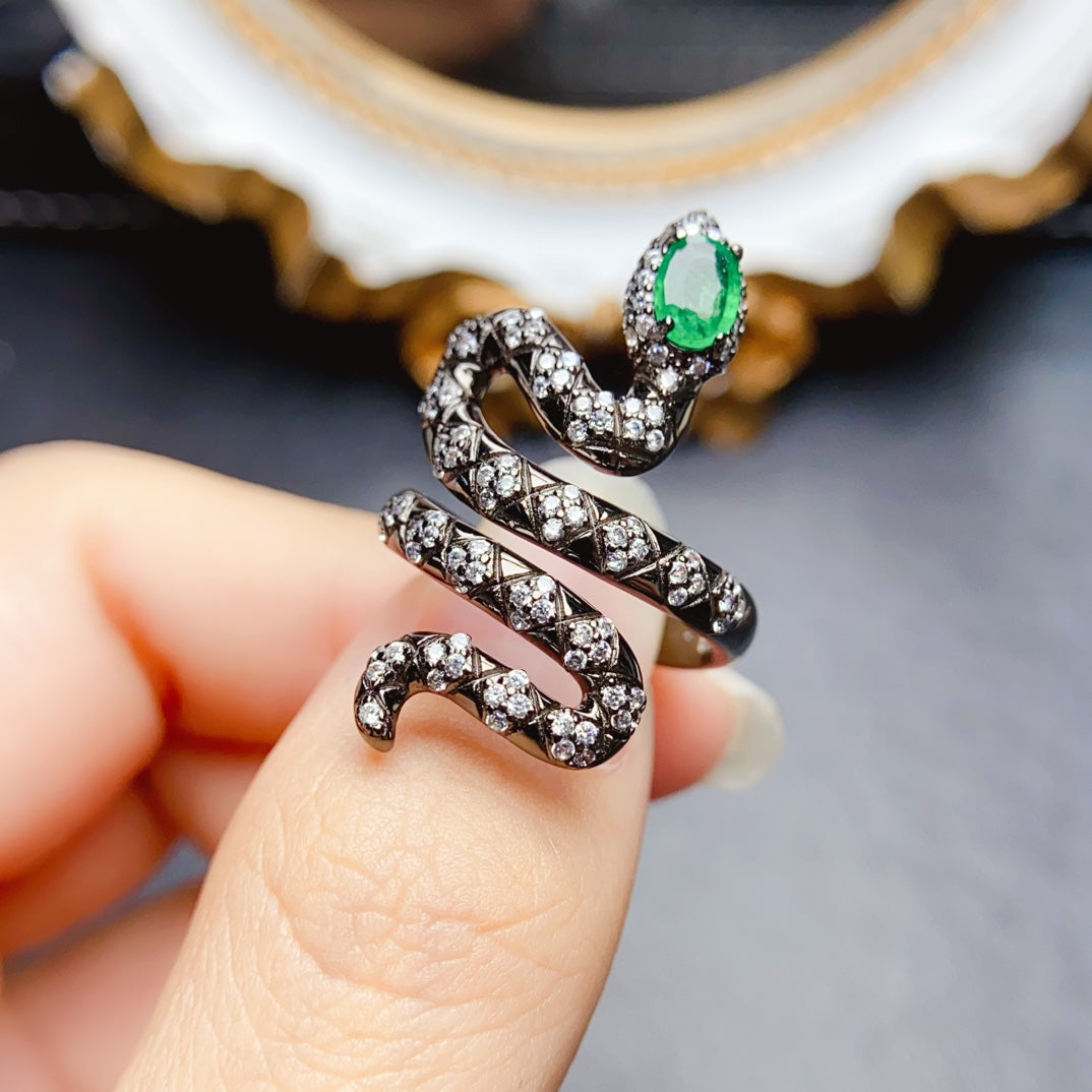 Natural Emerald Adjustable Ring, Serpent Design with Stunning Color, Exquisite 925 Silver Setting, Center Stone 4×6mm – Effortless Elegance Wraps Your Finger (Adjustable Open Band)