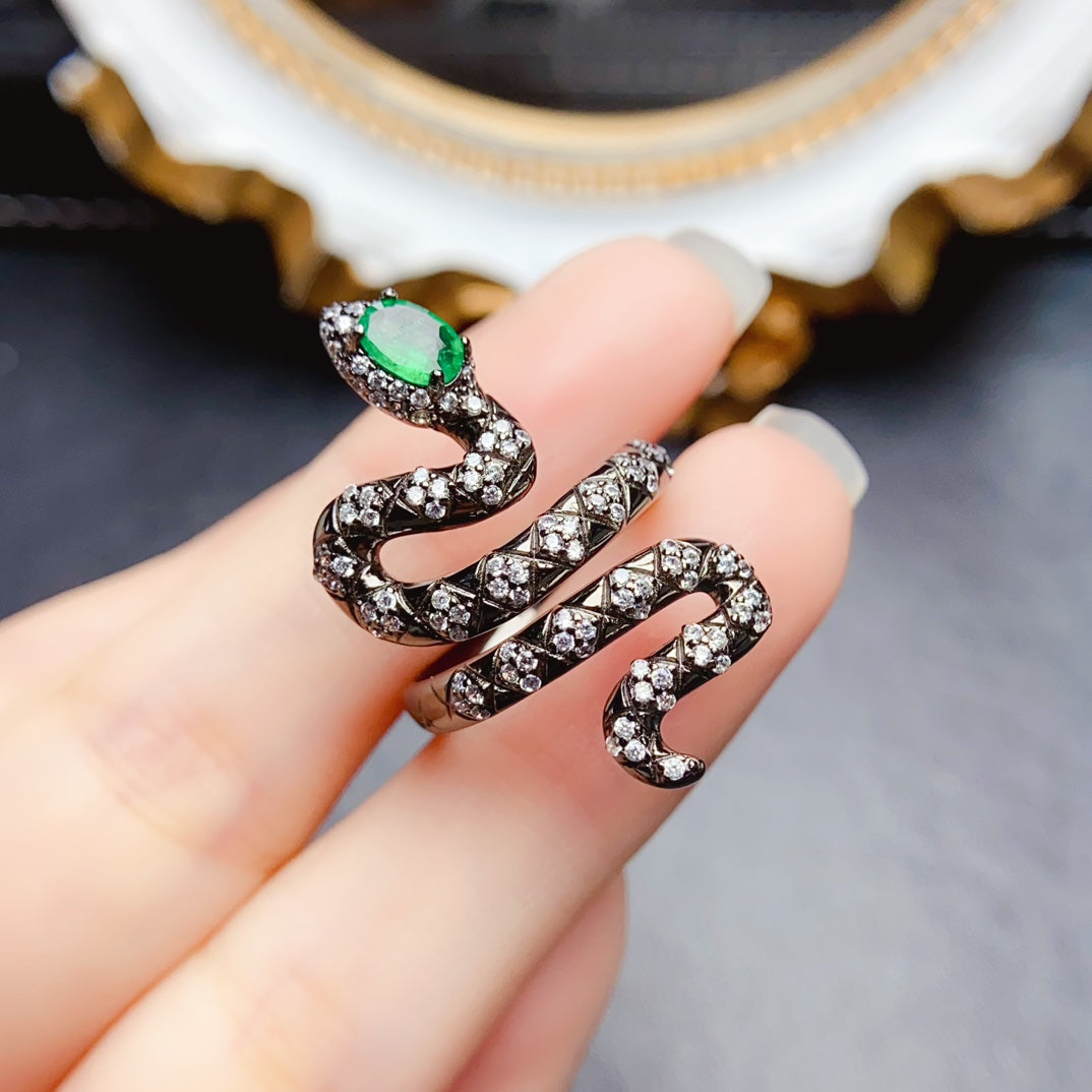 Natural Emerald Adjustable Ring, Serpent Design with Stunning Color, Exquisite 925 Silver Setting, Center Stone 4×6mm – Effortless Elegance Wraps Your Finger (Adjustable Open Band)