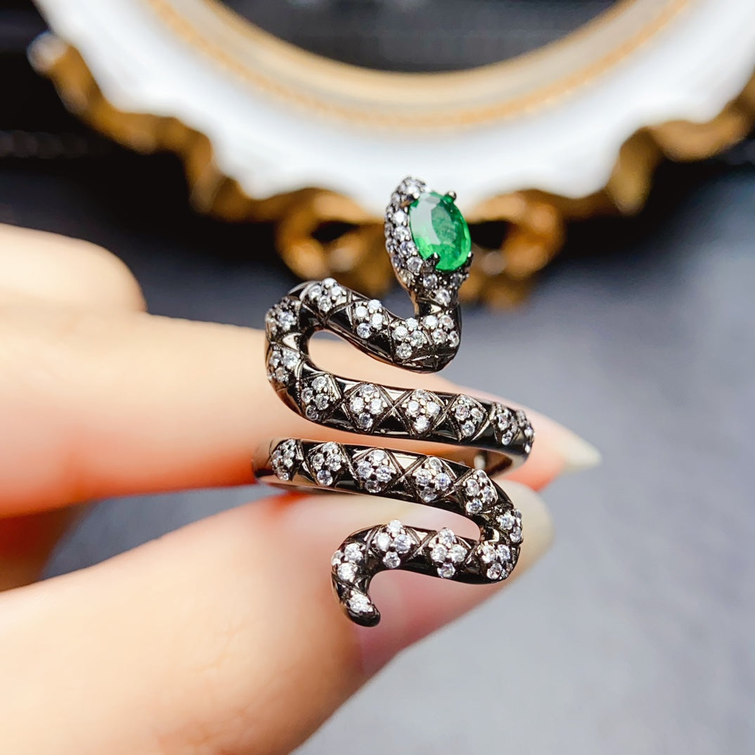 Natural Emerald Adjustable Ring, Serpent Design with Stunning Color, Exquisite 925 Silver Setting, Center Stone 4×6mm – Effortless Elegance Wraps Your Finger (Adjustable Open Band)