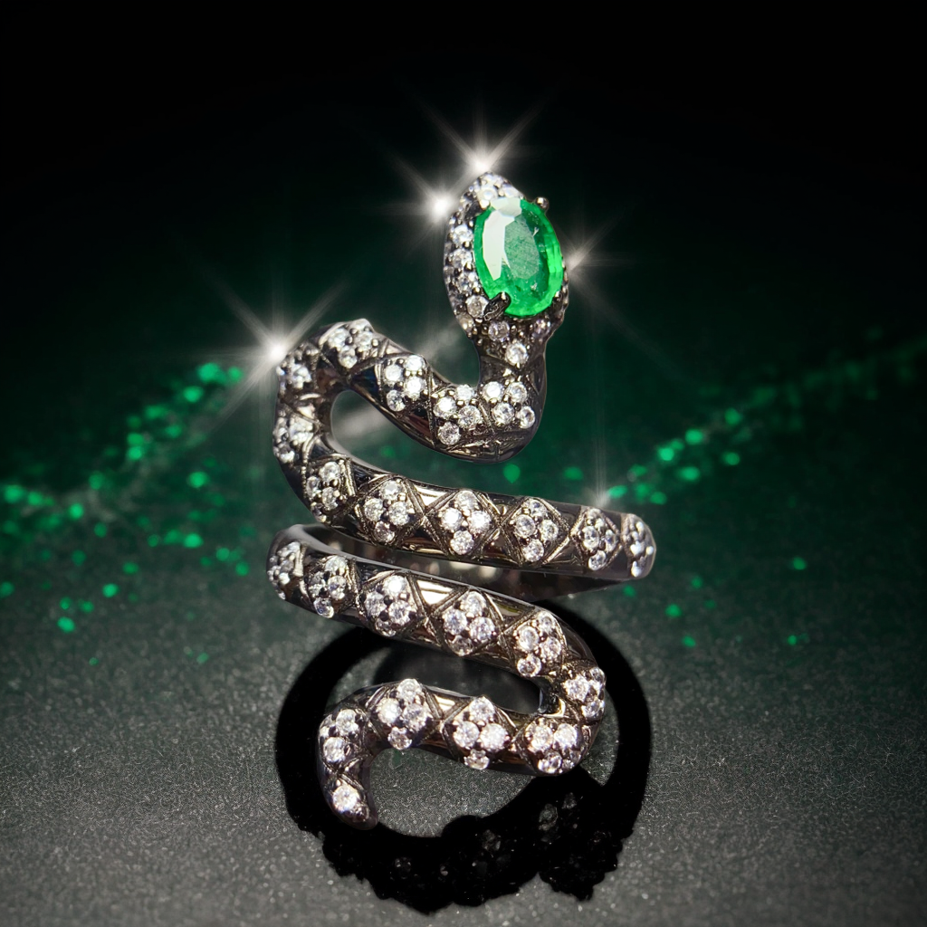 Natural Emerald Adjustable Ring, Serpent Design with Stunning Color, Exquisite 925 Silver Setting, Center Stone 4×6mm – Effortless Elegance Wraps Your Finger (Adjustable Open Band)