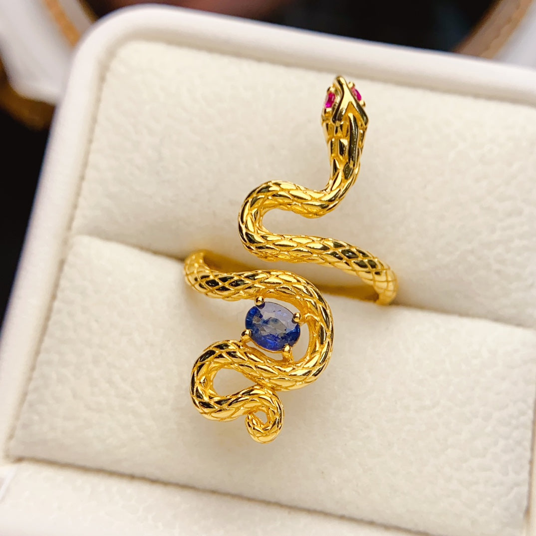 Natural Sapphire Adjustable Ring, Flawless Royal Blue, Gold 925 Silver, 4×5mm Stone
