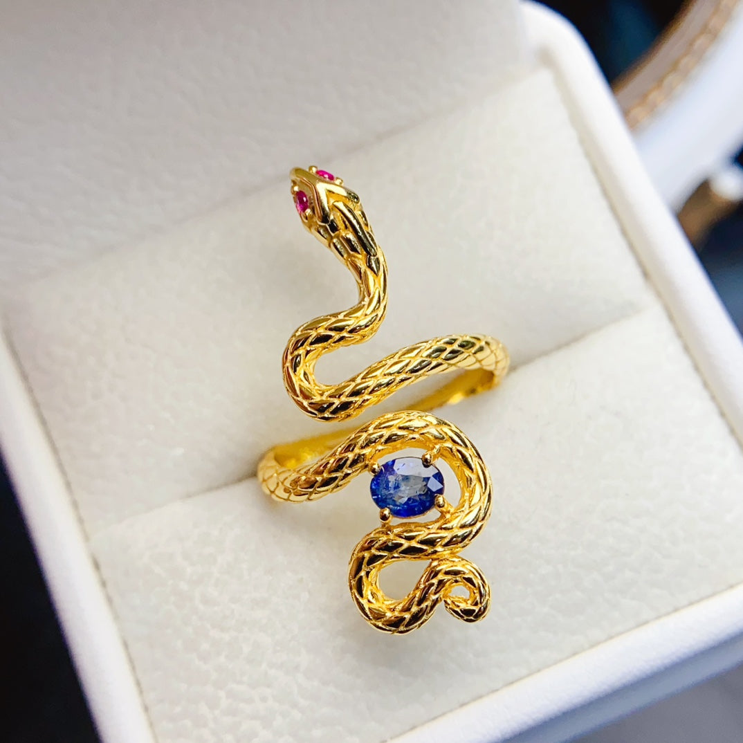 Natural Sapphire Adjustable Ring, Flawless Royal Blue, Gold 925 Silver, 4×5mm Stone