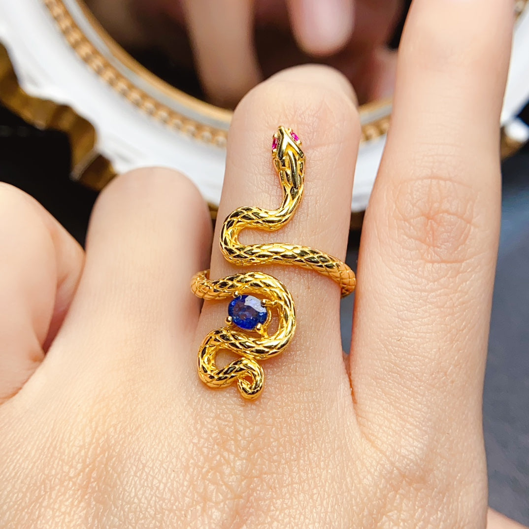 Natural Sapphire Adjustable Ring, Flawless Royal Blue, Gold 925 Silver, 4×5mm Stone