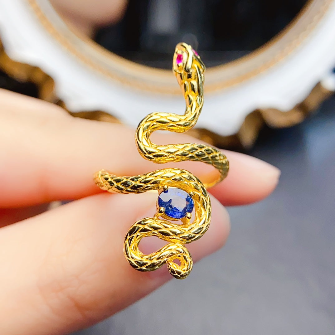 Natural Sapphire Adjustable Ring, Flawless Royal Blue, Gold 925 Silver, 4×5mm Stone