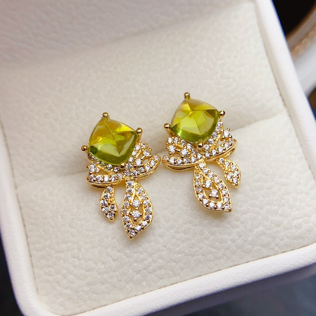 Natural Peridot Stud Earrings, Sugar-Loaf Cut, High Clarity & Full Fire, Simple Gold-Plated Design, 925 Silver