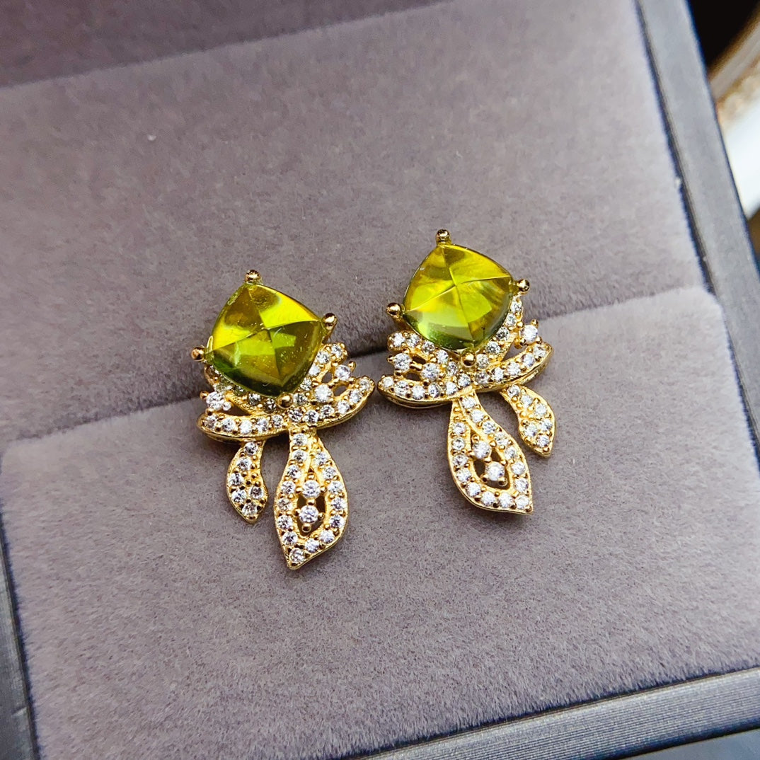 Natural Peridot Stud Earrings, Sugar-Loaf Cut, High Clarity & Full Fire, Simple Gold-Plated Design, 925 Silver