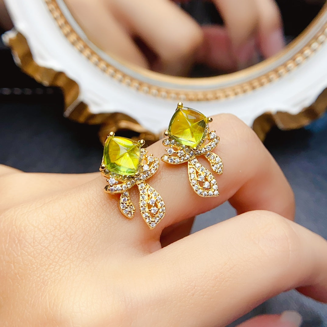 Natural Peridot Stud Earrings, Sugar-Loaf Cut, High Clarity & Full Fire, Simple Gold-Plated Design, 925 Silver