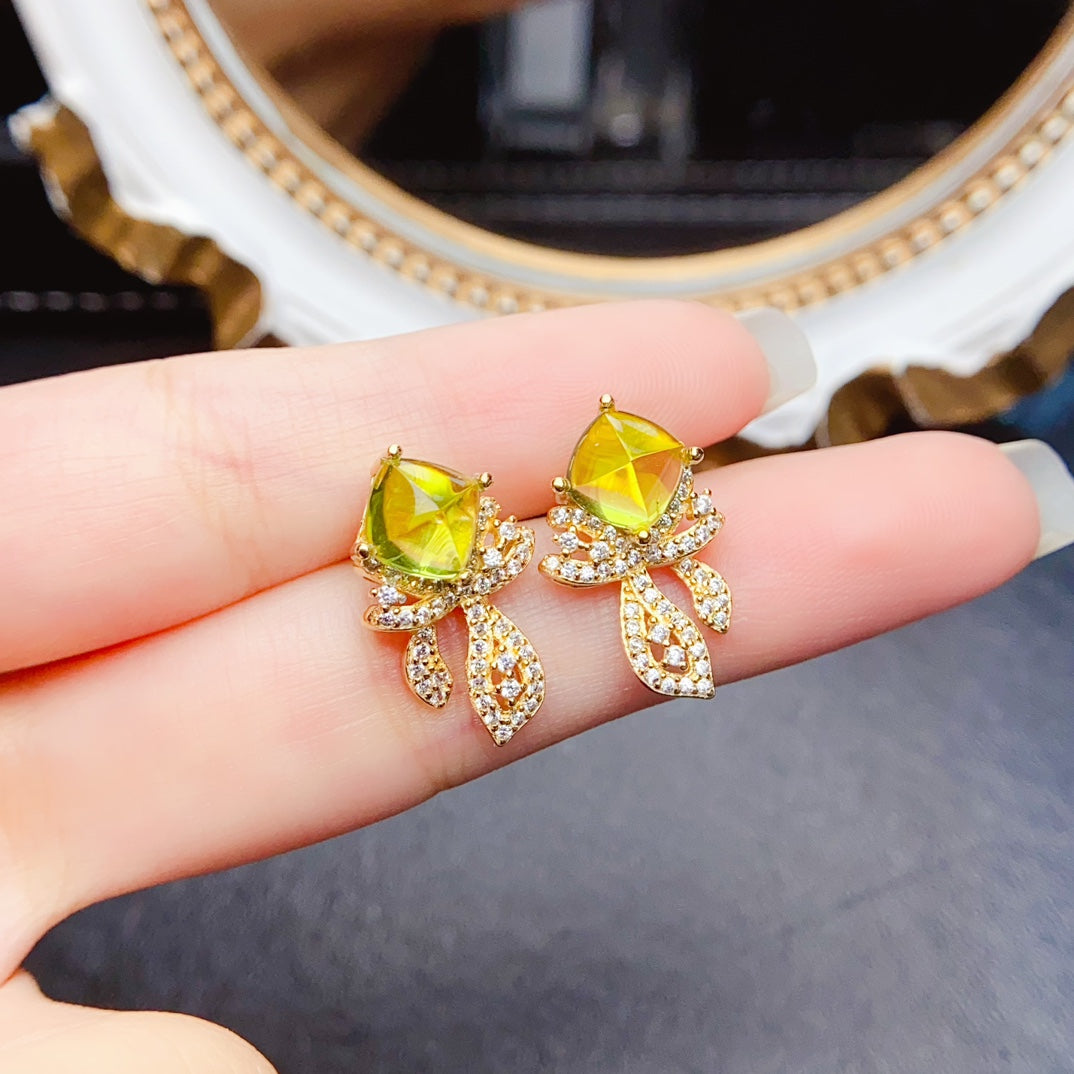 Natural Peridot Stud Earrings, Sugar-Loaf Cut, High Clarity & Full Fire, Simple Gold-Plated Design, 925 Silver