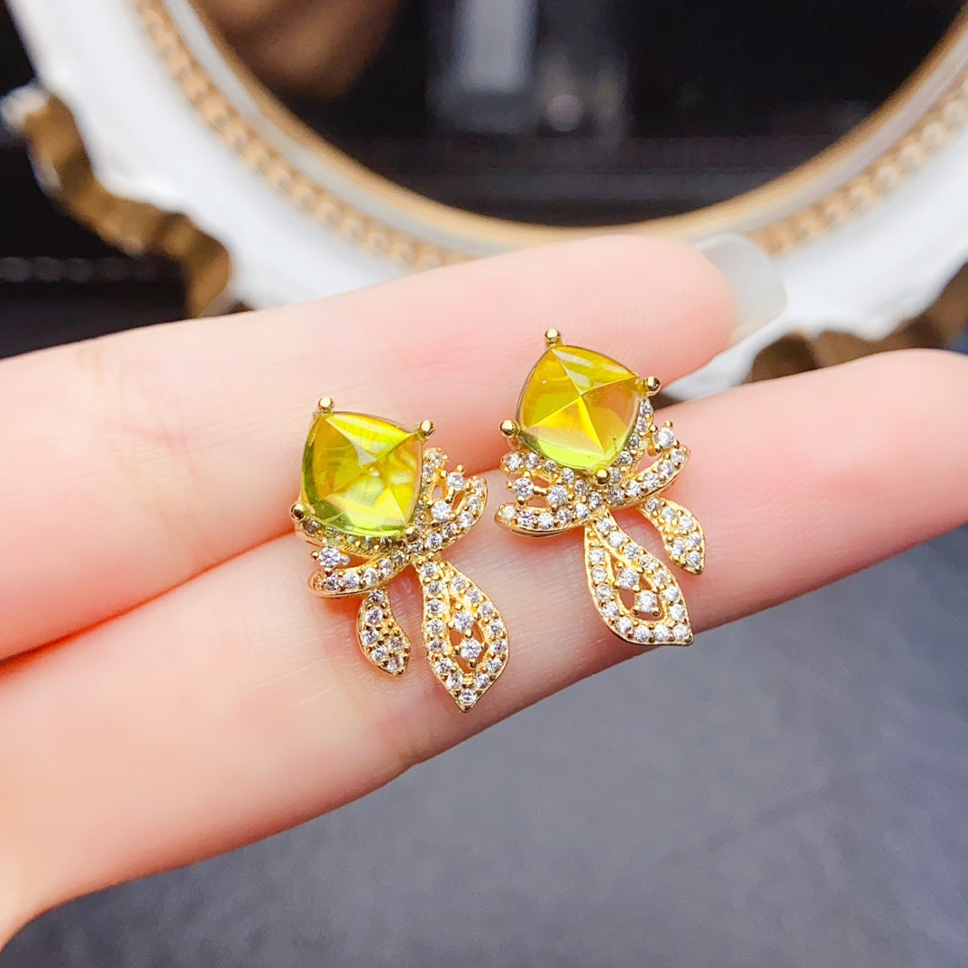 Natural Peridot Stud Earrings, Sugar-Loaf Cut, High Clarity & Full Fire, Simple Gold-Plated Design, 925 Silver