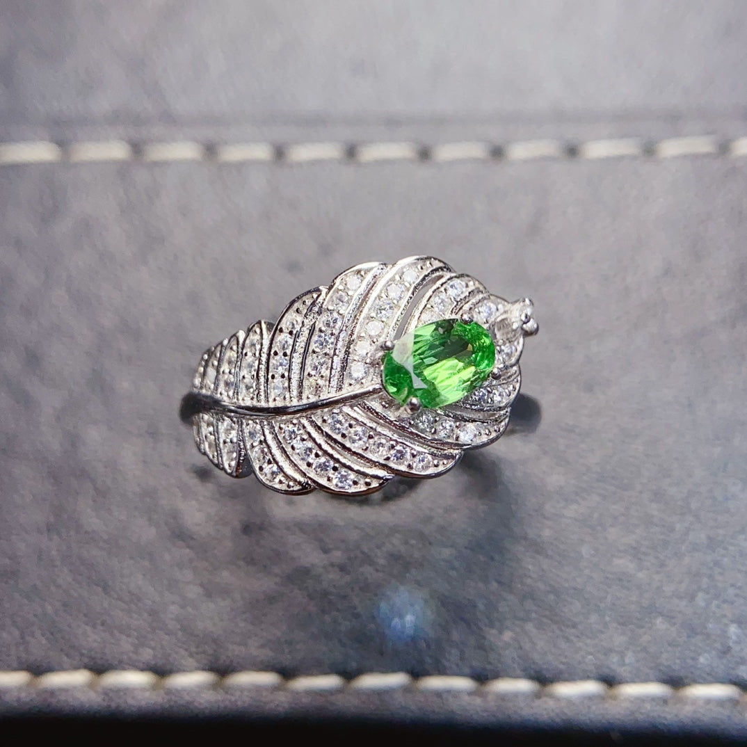 Natural Tsavorite Ring, Leaf Unique Design, 4*6mm High Clarity Full Fire, 925 Silver, Statement Minimalist Jewelry