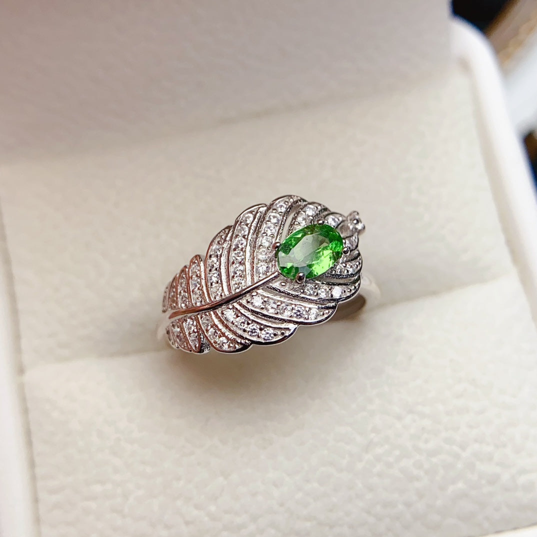 Natural Tsavorite Ring, Leaf Unique Design, 4*6mm High Clarity Full Fire, 925 Silver, Statement Minimalist Jewelry