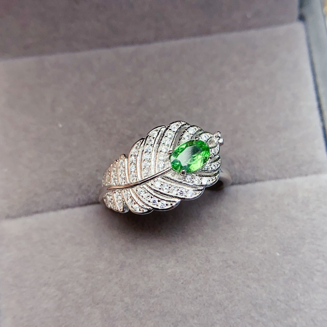 Natural Tsavorite Ring, Leaf Unique Design, 4*6mm High Clarity Full Fire, 925 Silver, Statement Minimalist Jewelry