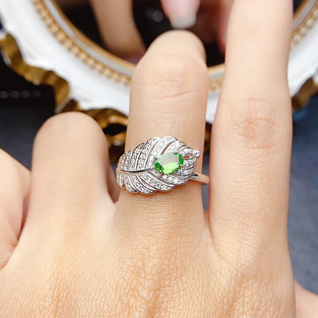 Natural Tsavorite Ring, Leaf Unique Design, 4*6mm High Clarity Full Fire, 925 Silver, Statement Minimalist Jewelry