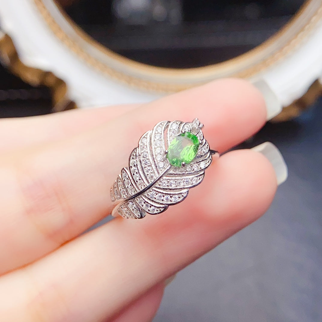 Natural Tsavorite Ring, Leaf Unique Design, 4*6mm High Clarity Full Fire, 925 Silver, Statement Minimalist Jewelry