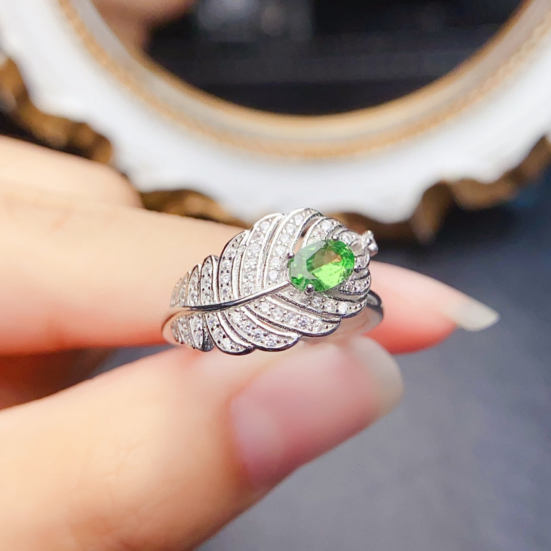 Natural Tsavorite Ring, Leaf Unique Design, 4*6mm High Clarity Full Fire, 925 Silver, Statement Minimalist Jewelry