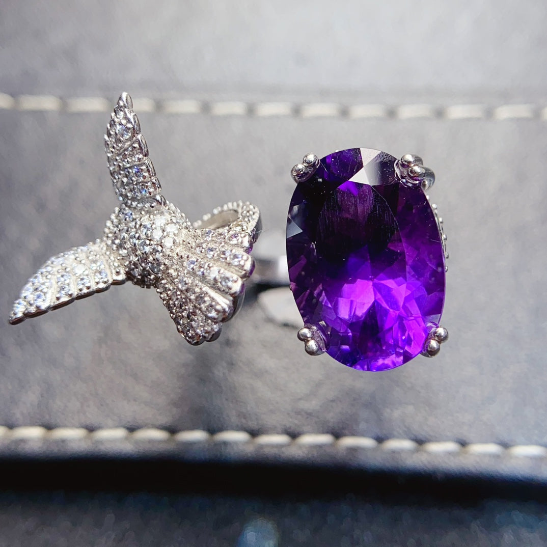 Natural Amethyst Adjustable Ring High Clarity Brilliant Luster 10*14mm Stone 925 Silver Setting Unique Design Light Luxury Gift