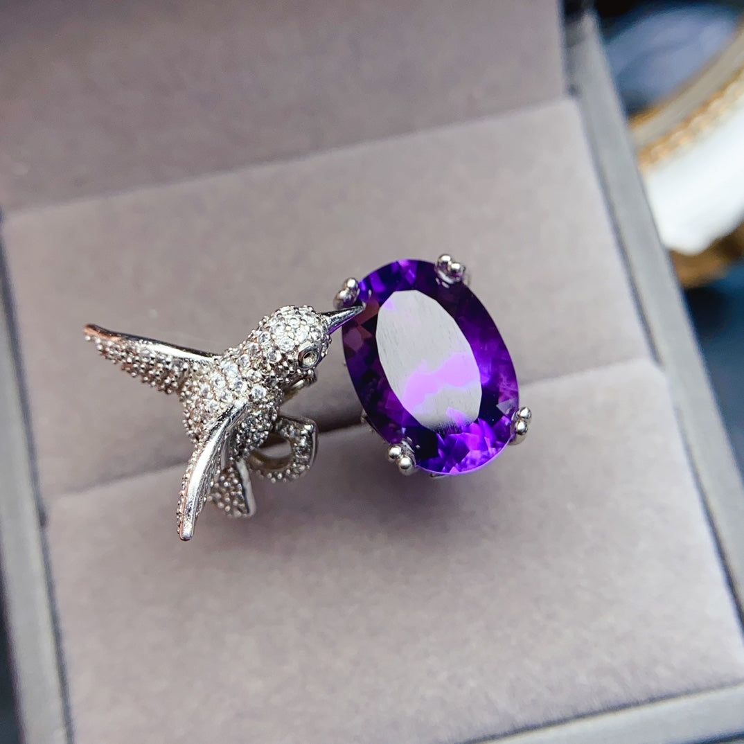 Natural Amethyst Adjustable Ring High Clarity Brilliant Luster 10*14mm Stone 925 Silver Setting Unique Design Light Luxury Gift