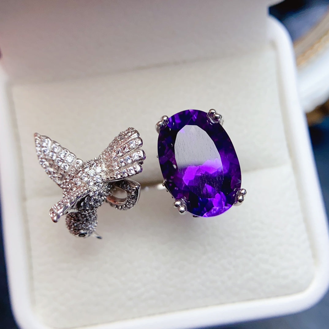 Natural Amethyst Adjustable Ring High Clarity Brilliant Luster 10*14mm Stone 925 Silver Setting Unique Design Light Luxury Gift