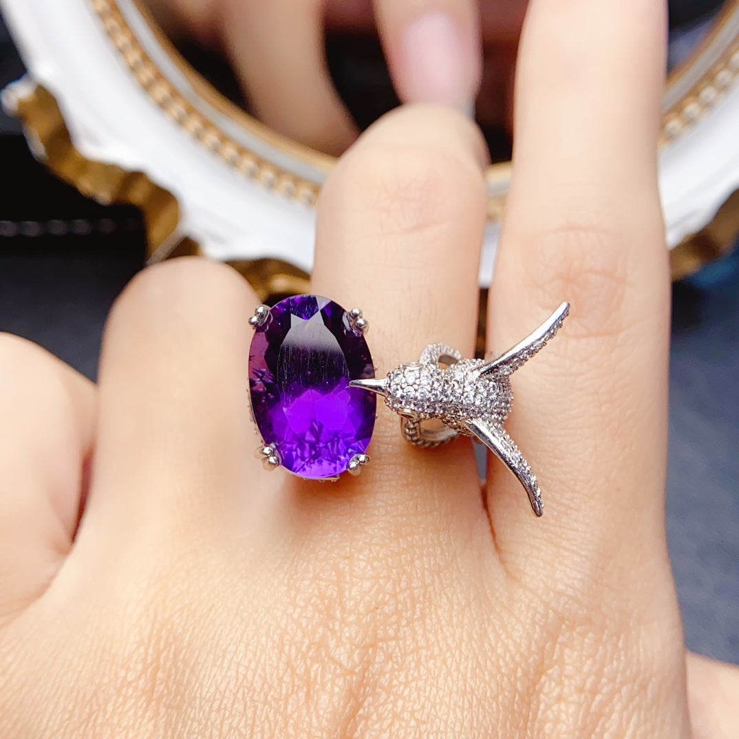 Natural Amethyst Adjustable Ring High Clarity Brilliant Luster 10*14mm Stone 925 Silver Setting Unique Design Light Luxury Gift