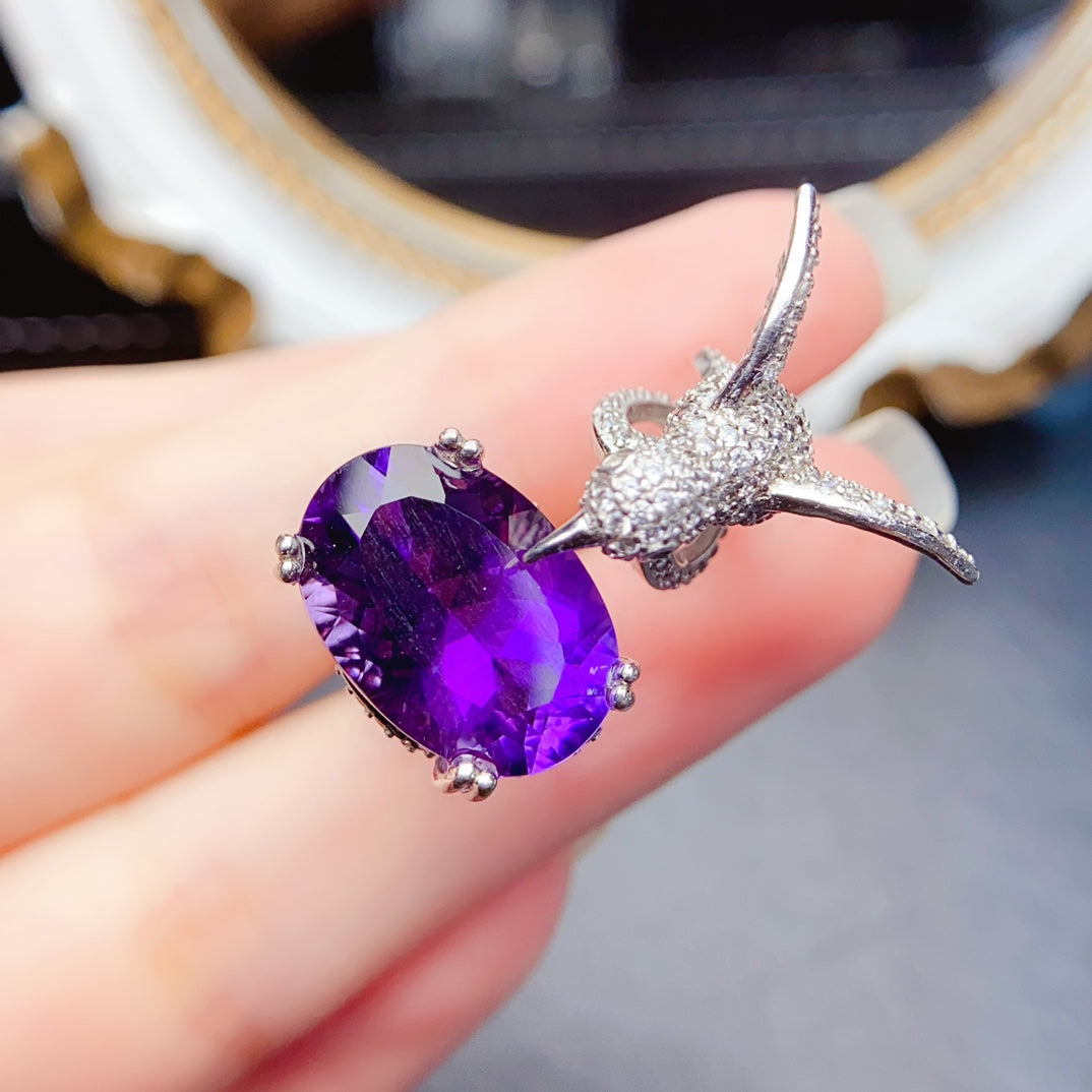 Natural Amethyst Adjustable Ring High Clarity Brilliant Luster 10*14mm Stone 925 Silver Setting Unique Design Light Luxury Gift