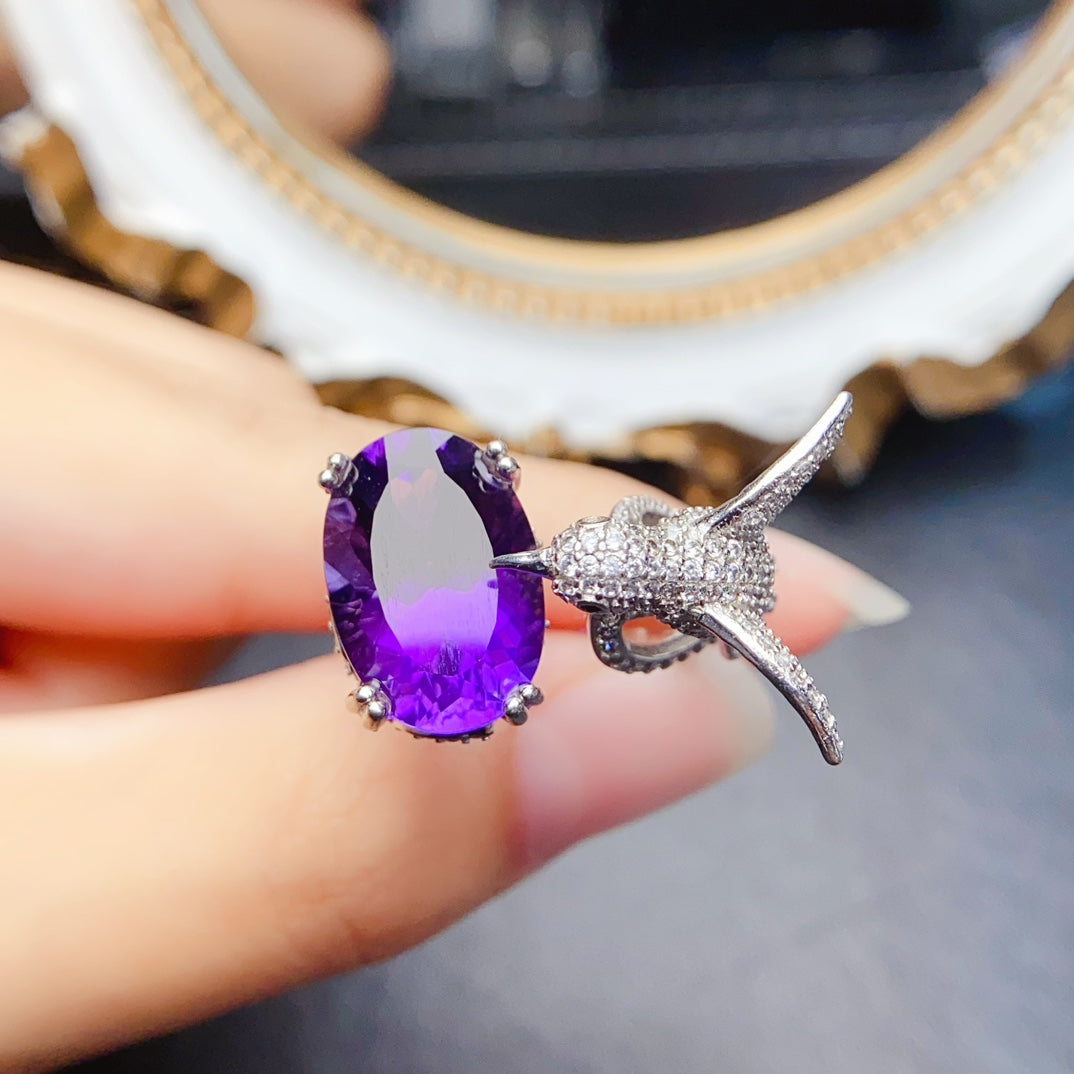 Natural Amethyst Adjustable Ring High Clarity Brilliant Luster 10*14mm Stone 925 Silver Setting Unique Design Light Luxury Gift