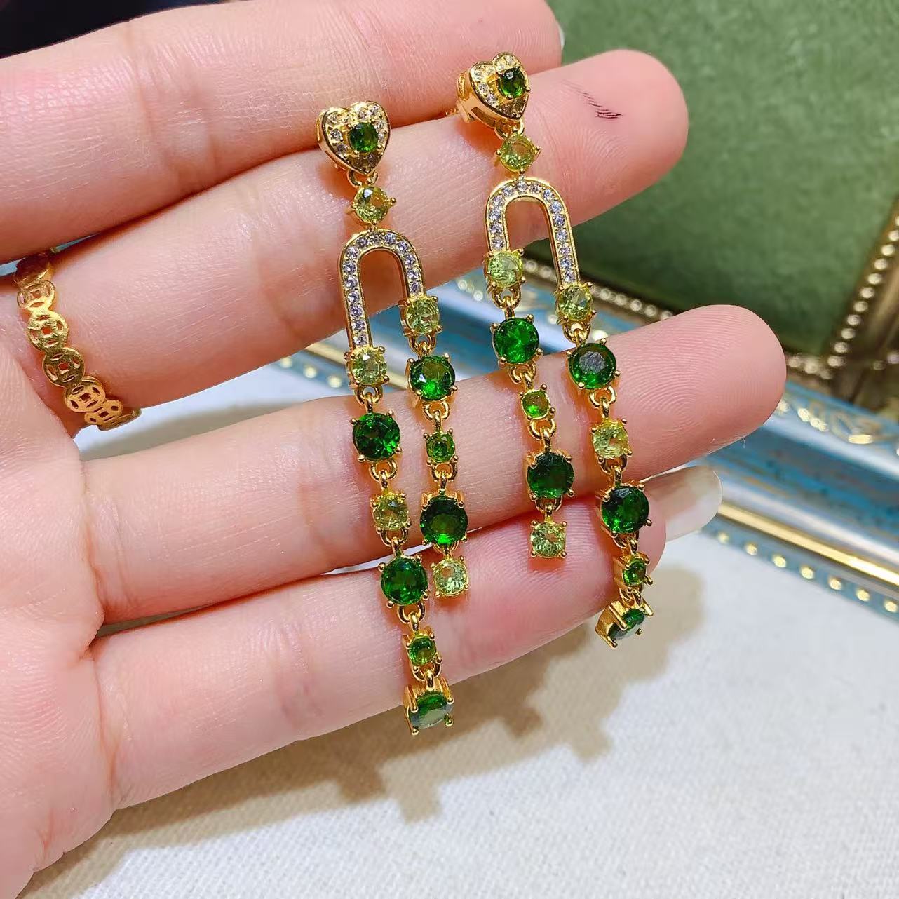 Natural Diopside Stud Earrings  Dangling Earrings, Slim Fairy StyleRich Color, 925 Silver Exquisite Setting, Versatile Temperament
