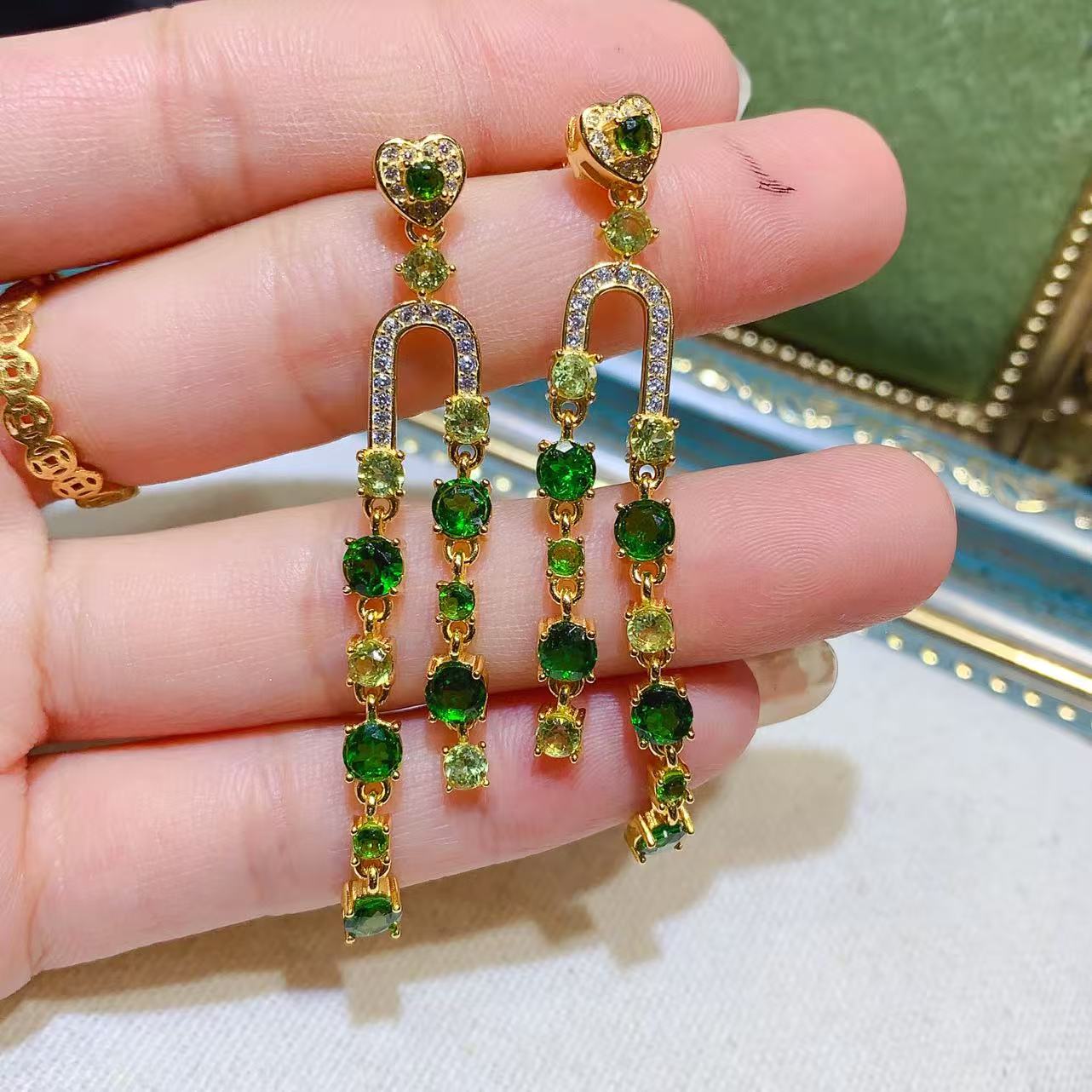 Natural Diopside Stud Earrings  Dangling Earrings, Slim Fairy StyleRich Color, 925 Silver Exquisite Setting, Versatile Temperament