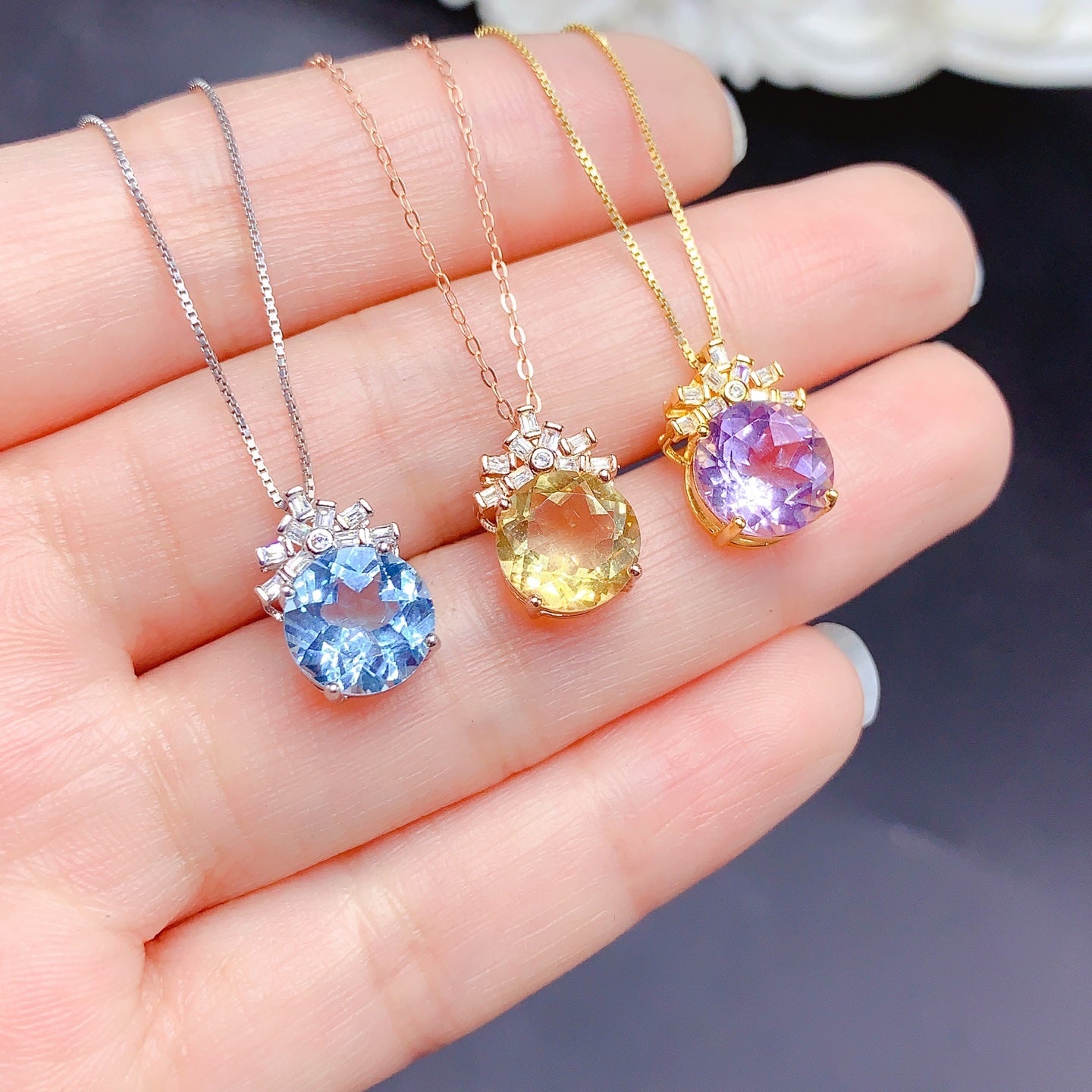 Natural Gemstone Necklace, 10mm Round Sky Blue Topaz Amethyst Citrine, 925 Silver 18k Gold Plated, Sparkling Crystal Jewelry, Simple Elegant Daily Statement Necklace