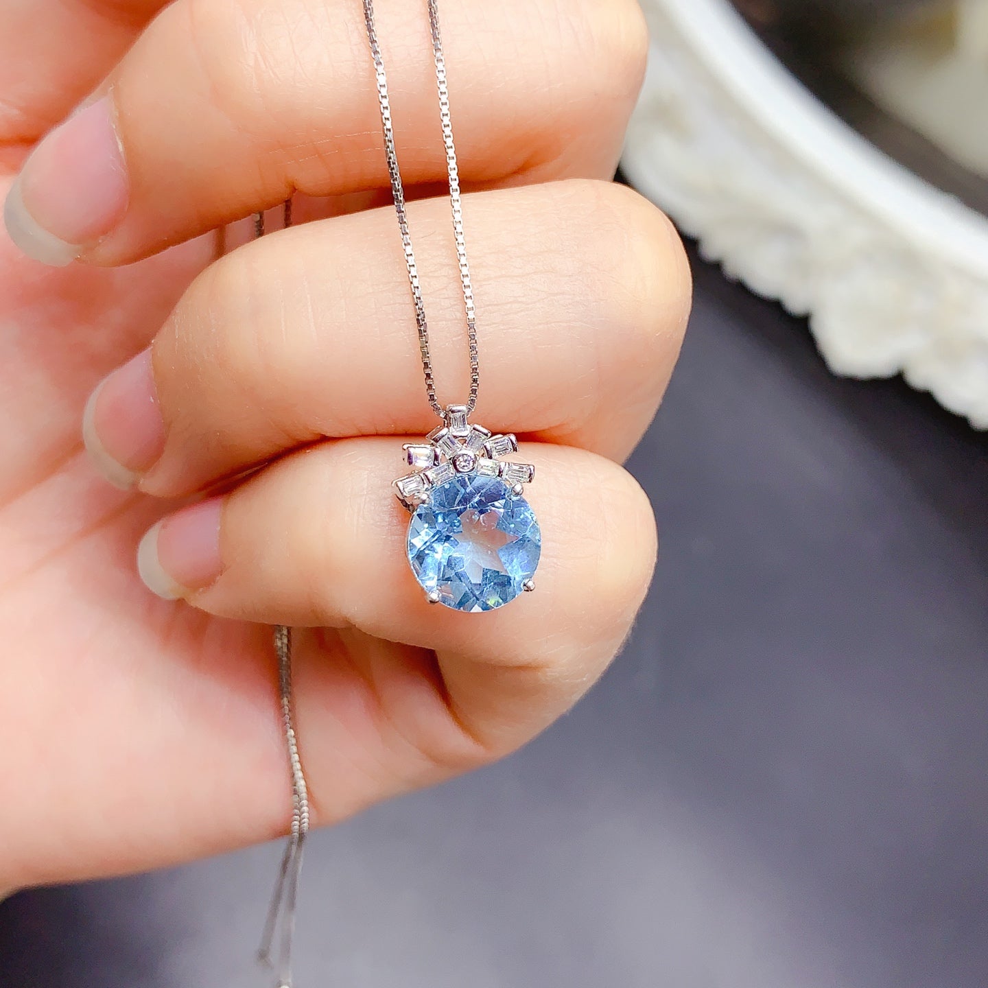 Natural Gemstone Necklace, 10mm Round Sky Blue Topaz Amethyst Citrine, 925 Silver 18k Gold Plated, Sparkling Crystal Jewelry, Simple Elegant Daily Statement Necklace
