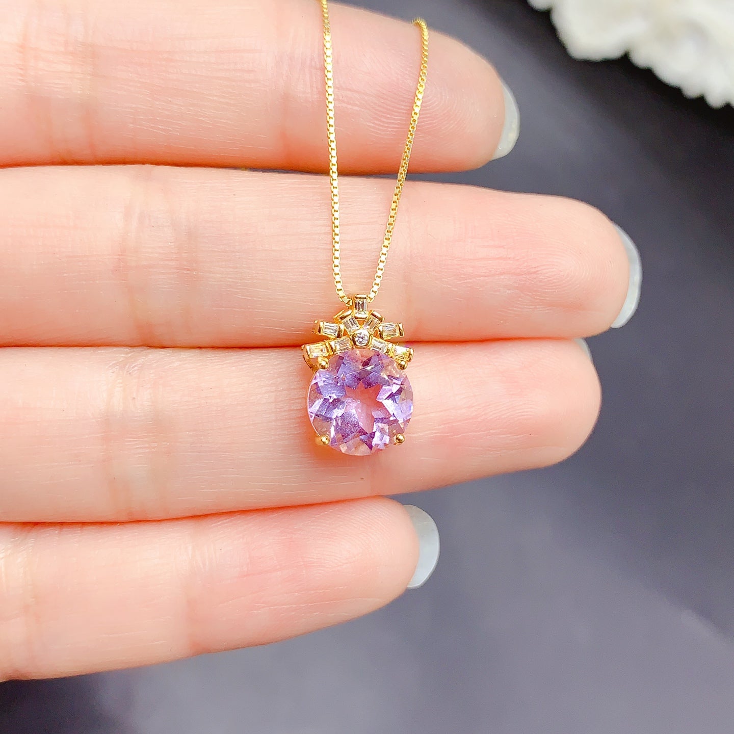 Natural Gemstone Necklace, 10mm Round Sky Blue Topaz Amethyst Citrine, 925 Silver 18k Gold Plated, Sparkling Crystal Jewelry, Simple Elegant Daily Statement Necklace