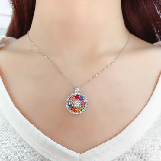Natural Multi-Color Sapphire Pendant Necklace, 3.5mm Round Gemstones, Flawless Clean Crystals, Unique Colorful Design, 925 Silver Setting, Exquisite Dainty Jewelry