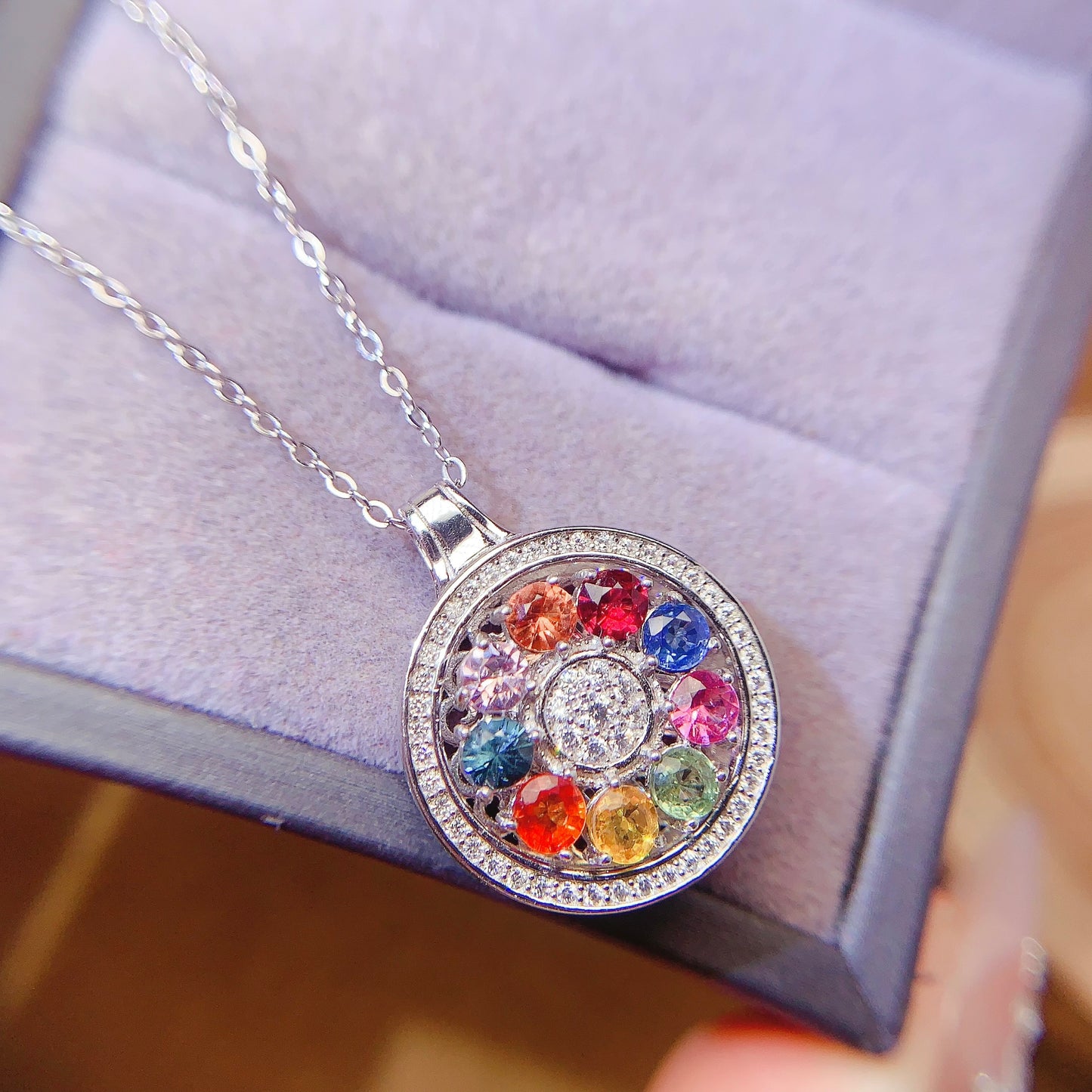 Natural Multi-Color Sapphire Pendant Necklace, 3.5mm Round Gemstones, Flawless Clean Crystals, Unique Colorful Design, 925 Silver Setting, Exquisite Dainty Jewelry