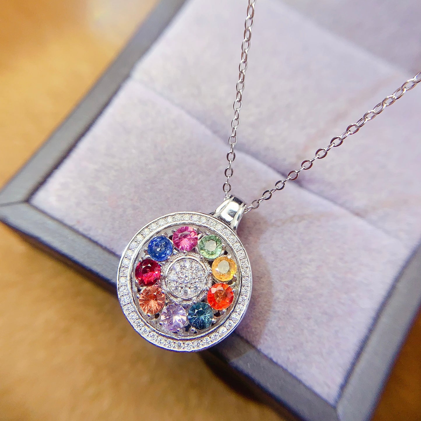 Natural Multi-Color Sapphire Pendant Necklace, 3.5mm Round Gemstones, Flawless Clean Crystals, Unique Colorful Design, 925 Silver Setting, Exquisite Dainty Jewelry