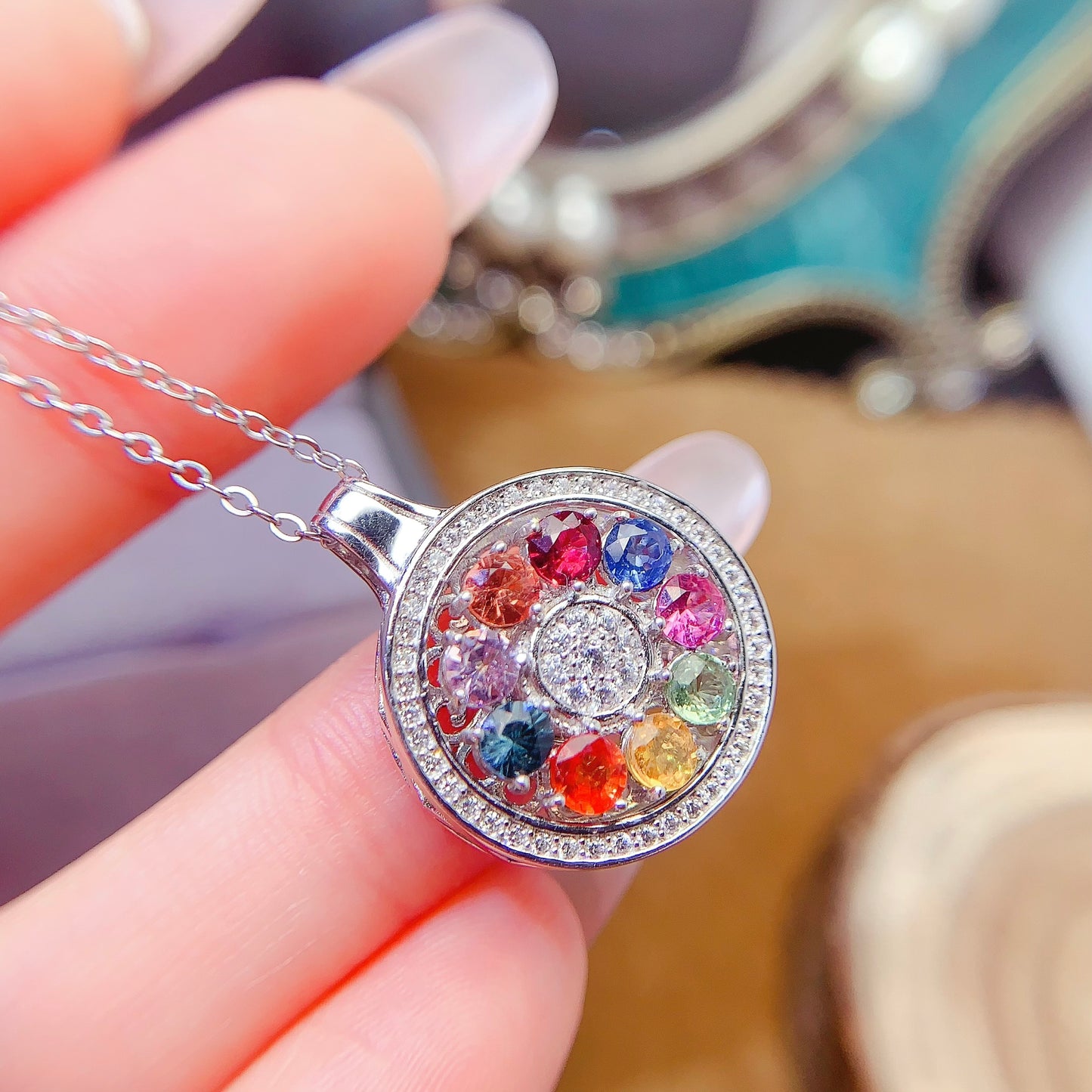 Natural Multi-Color Sapphire Pendant Necklace, 3.5mm Round Gemstones, Flawless Clean Crystals, Unique Colorful Design, 925 Silver Setting, Exquisite Dainty Jewelry