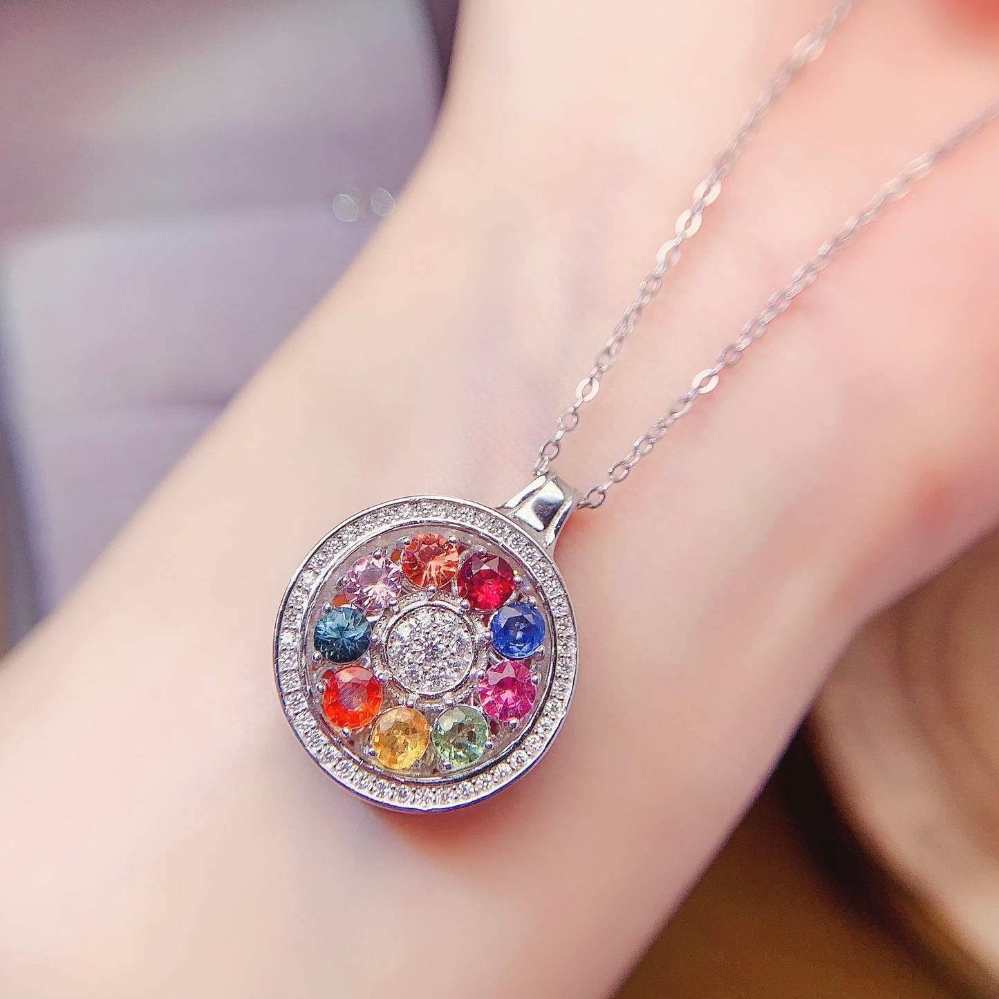 Natural Multi-Color Sapphire Pendant Necklace, 3.5mm Round Gemstones, Flawless Clean Crystals, Unique Colorful Design, 925 Silver Setting, Exquisite Dainty Jewelry