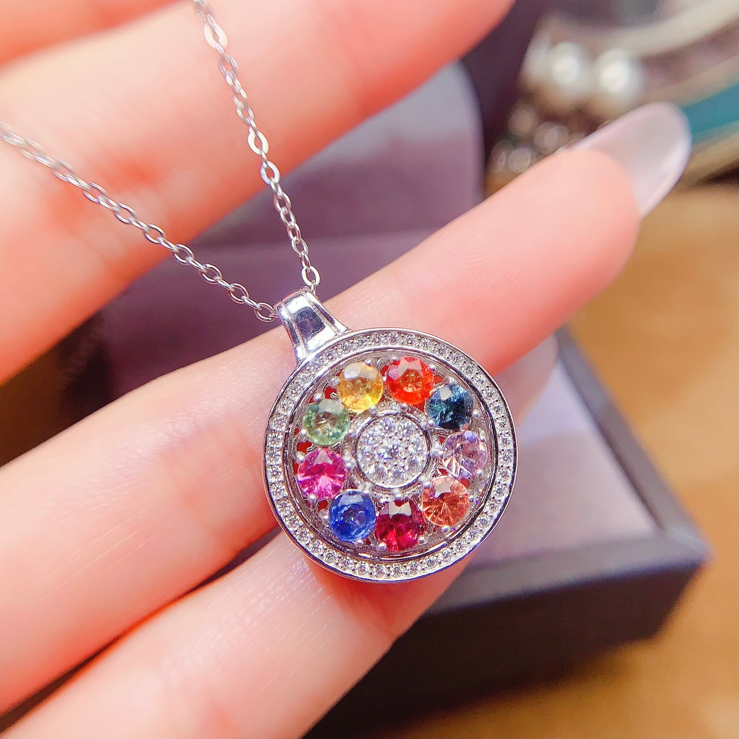 Natural Multi-Color Sapphire Pendant Necklace, 3.5mm Round Gemstones, Flawless Clean Crystals, Unique Colorful Design, 925 Silver Setting, Exquisite Dainty Jewelry