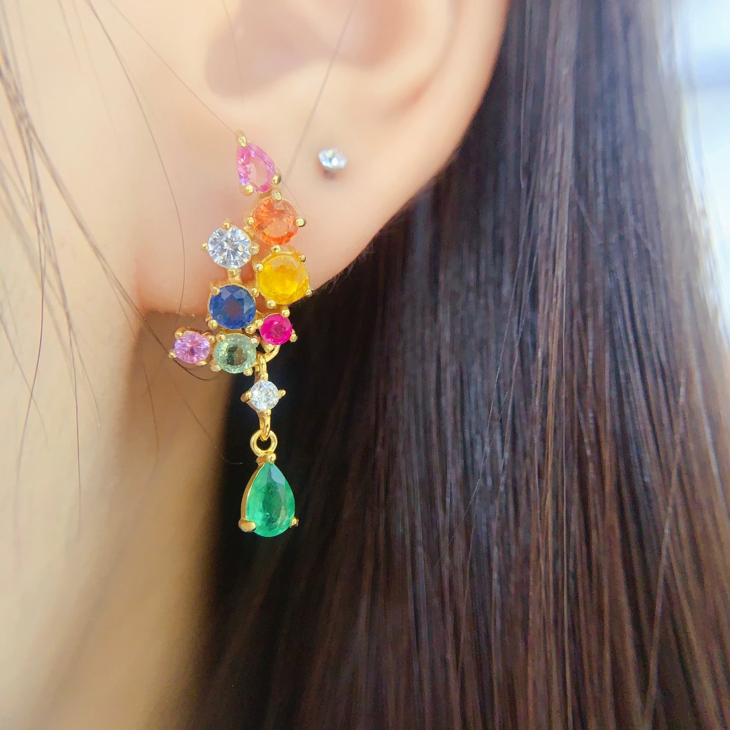 Natural Emerald & Multi-Color Sapphire Earrings, 925 Silver Setting, Symbol of Luck & Happiness