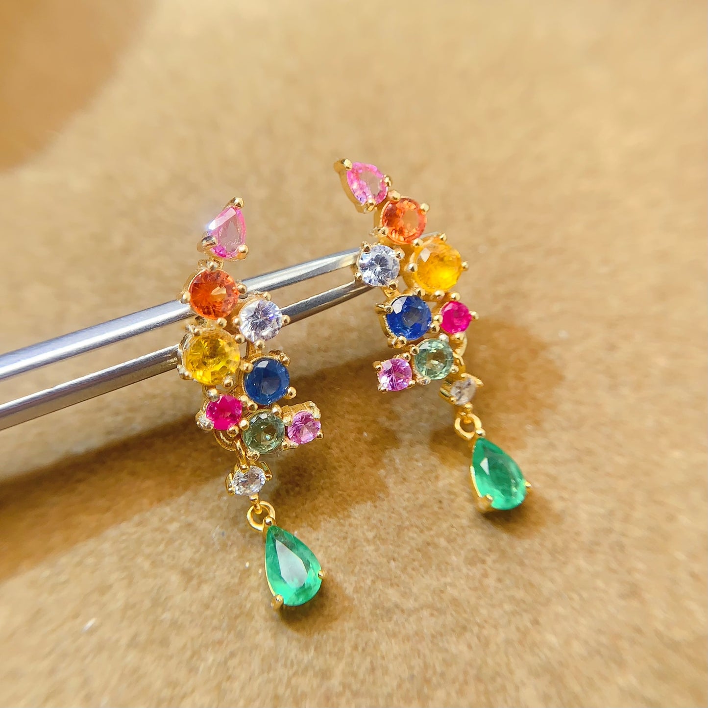Natural Emerald & Multi-Color Sapphire Earrings, 925 Silver Setting, Symbol of Luck & Happiness