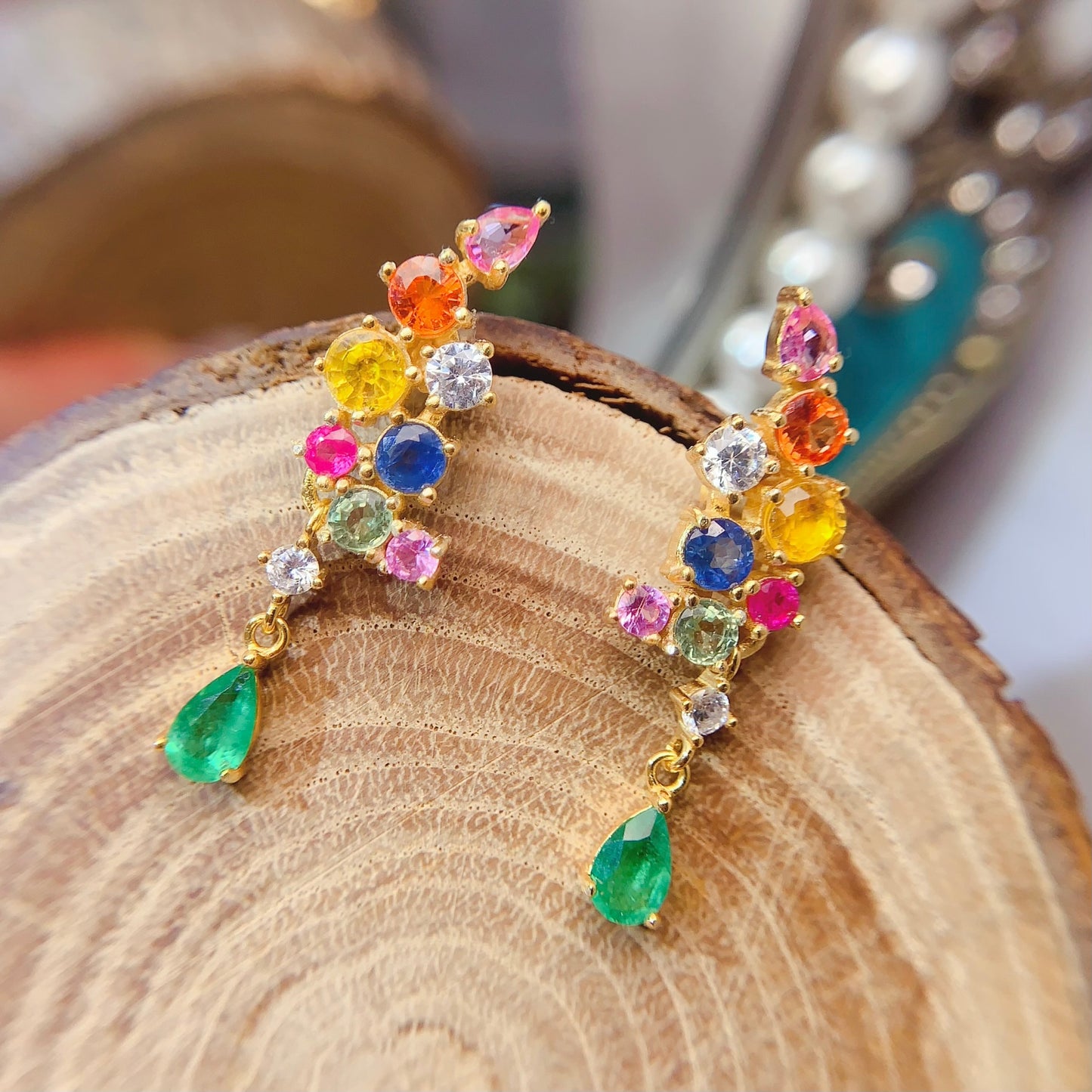Natural Emerald & Multi-Color Sapphire Earrings, 925 Silver Setting, Symbol of Luck & Happiness