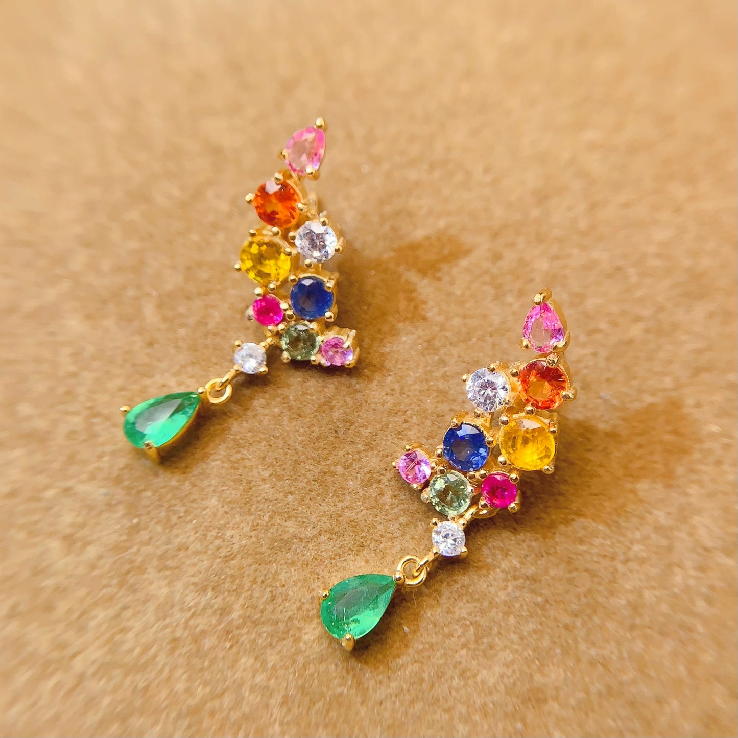 Natural Emerald & Multi-Color Sapphire Earrings, 925 Silver Setting, Symbol of Luck & Happiness